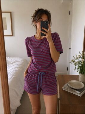 DRA Los Angeles Striped Lounge Set Red Blue Cotton Shorts & TShirt Pajama Set XS